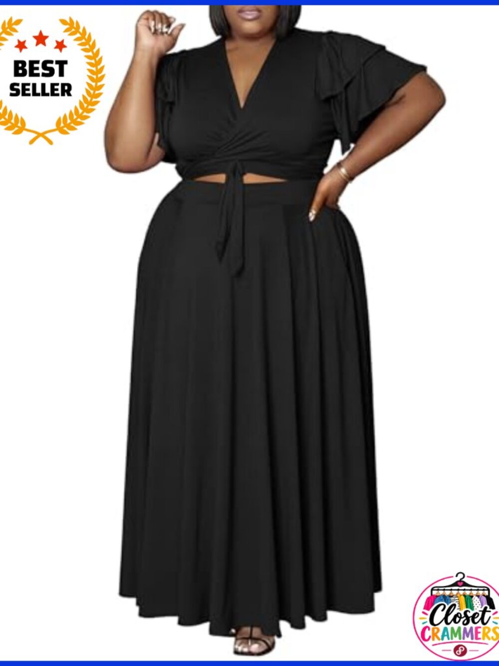 Plus Size 2 Piece Maxi Skirt Set Crop Top Flowy Pleated Brunch Party